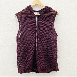 XCVI Burgundy Mesh Zip Up Vest with Hood & Pockets